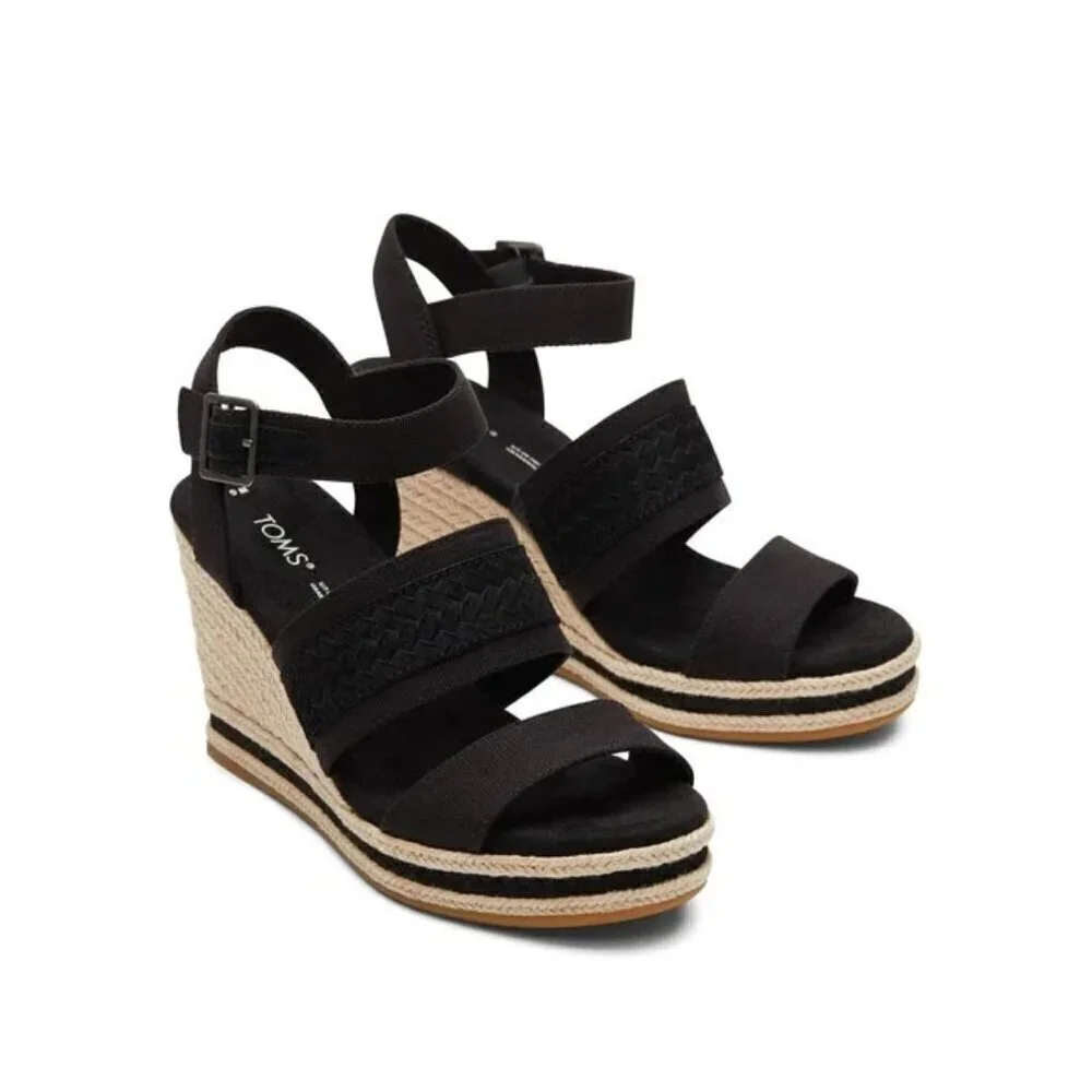 Toms Womens Black Triple Band Peep Toe Ankle Straps Wedge Sandals Sz 10 New